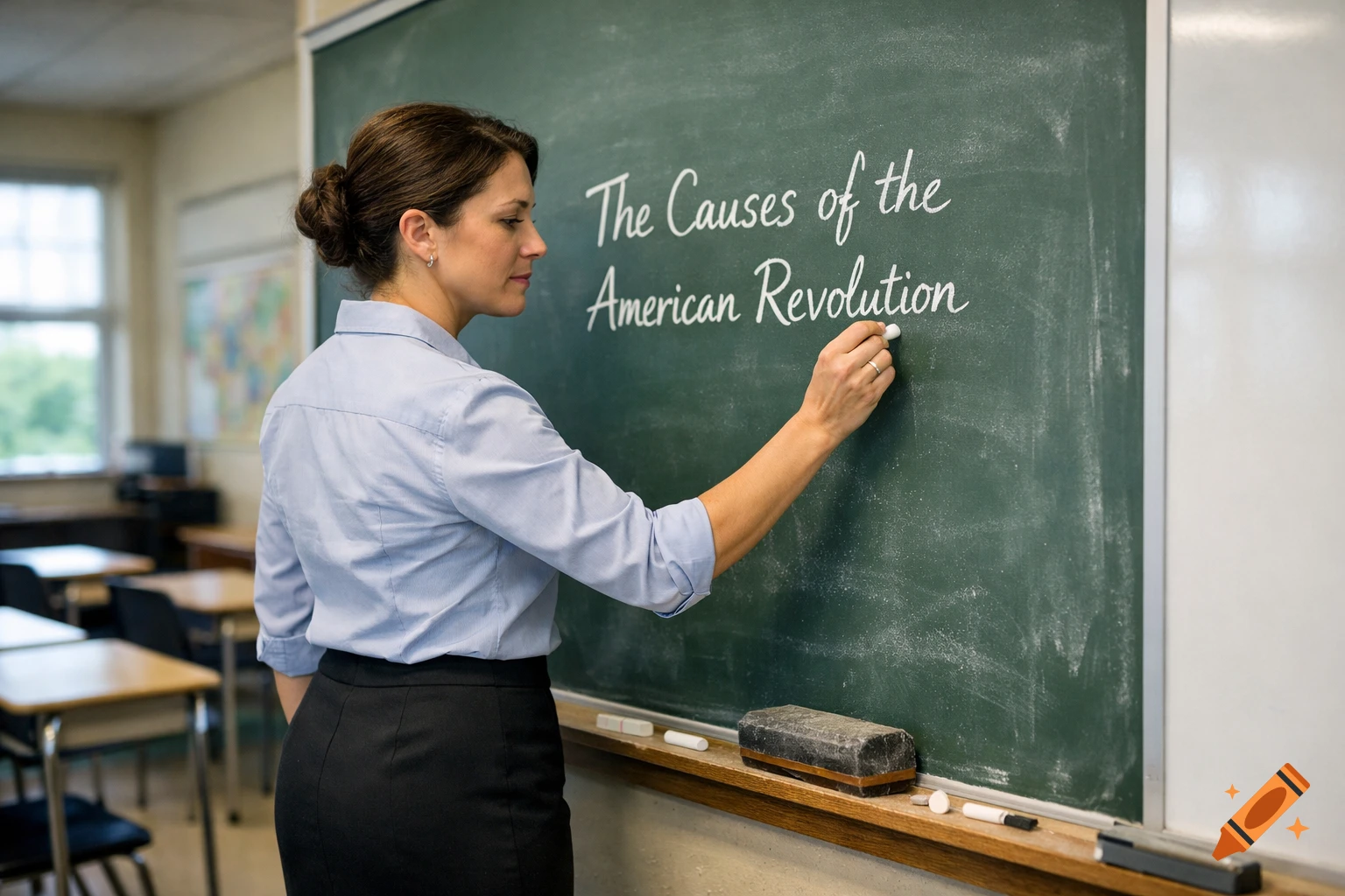 A woman teacher writes 'The Causes of the American Revolution' on a green blackboard in a classroom.