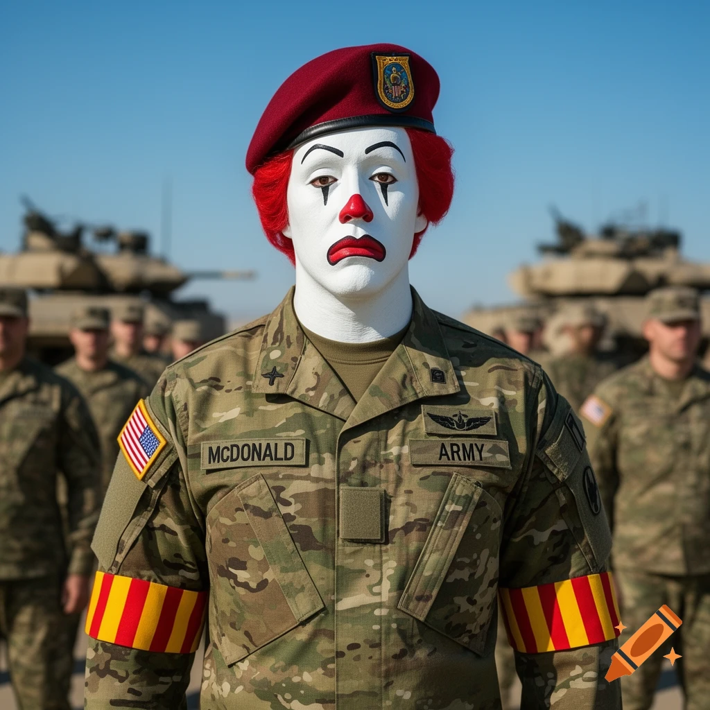 A person in Ronald McDonald clown makeup and a red wig, wearing a US Army uniform, stands outdoors with tanks and soldiers in the background.