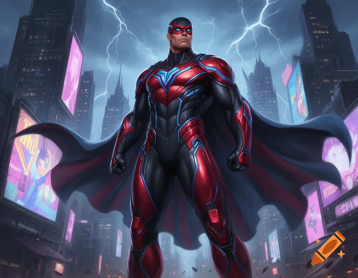 A powerful superhero in a red and black suit with a cape stands in a futuristic city under a stormy, lightning-filled sky.