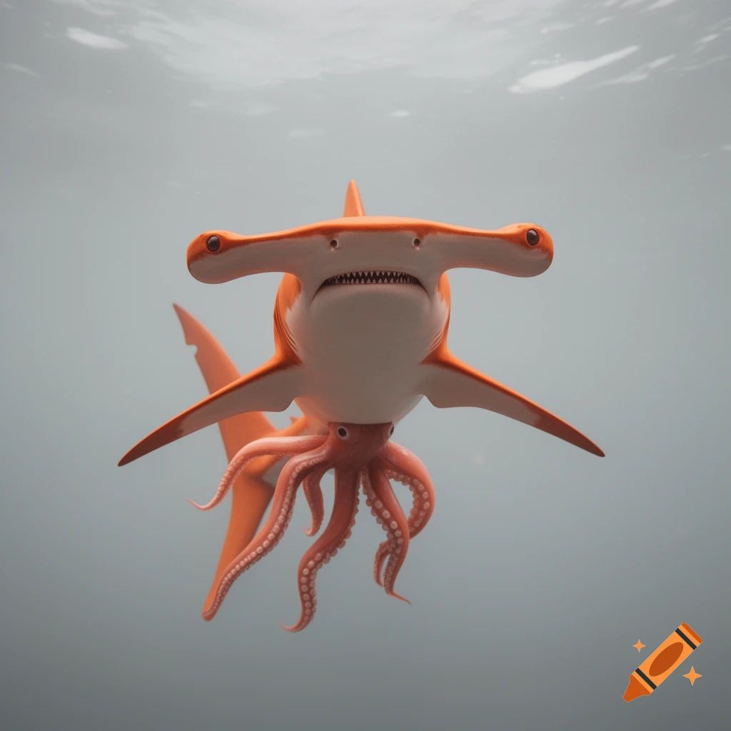 An orange hammerhead shark with octopus tentacles for a tail swims underwater.