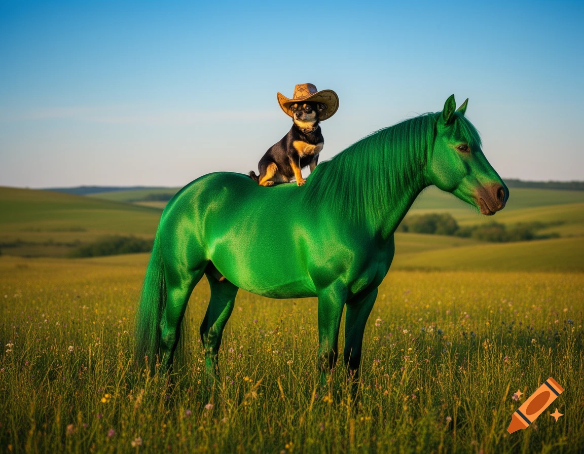 A small dog wearing a cowboy hat rides on the back of a bright green horse in a sunny, grassy field.