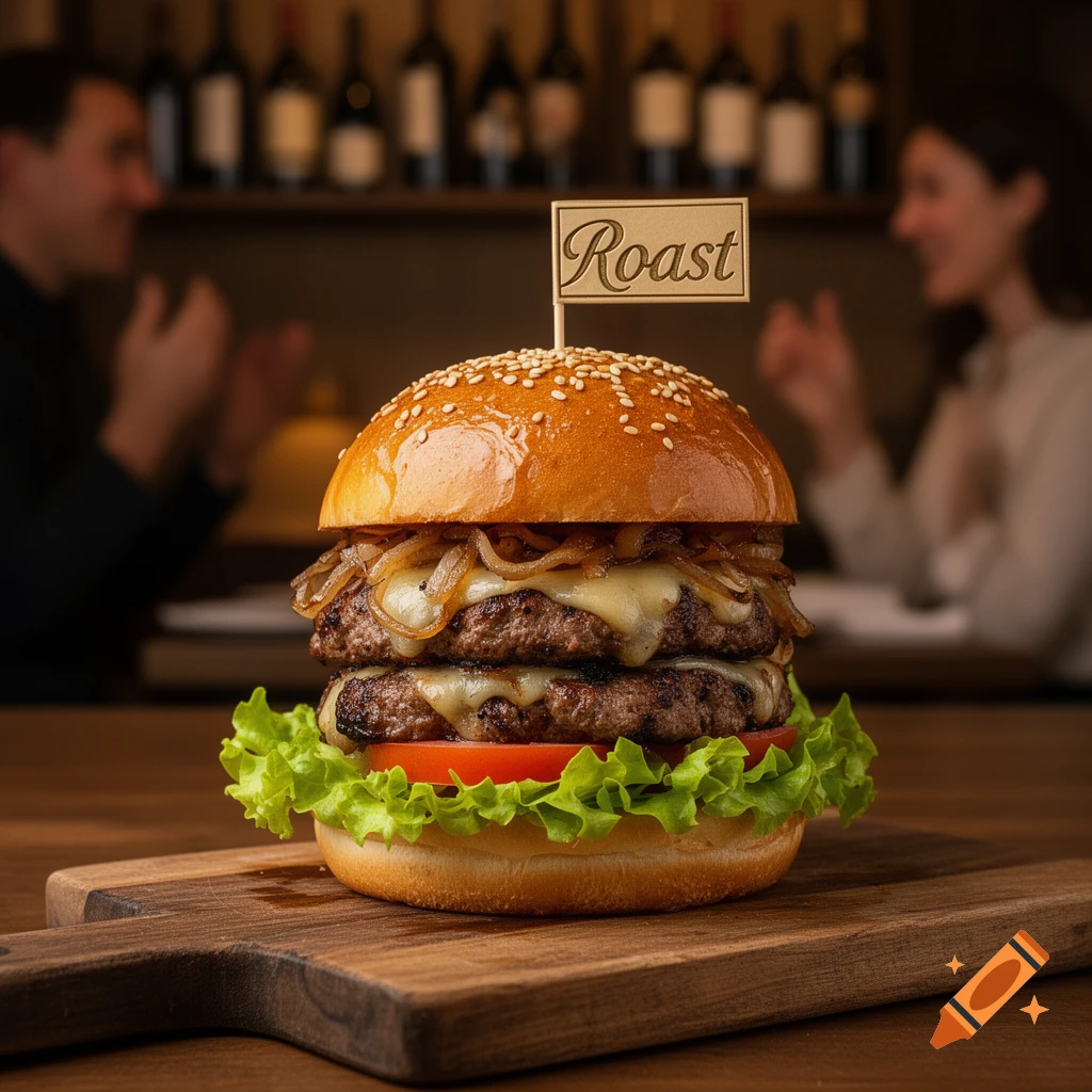 Photorealistic double burger with melted cheese, caramelized onions, lettuce, tomato, and a 'Roast' flag on a wooden board in a restaurant.