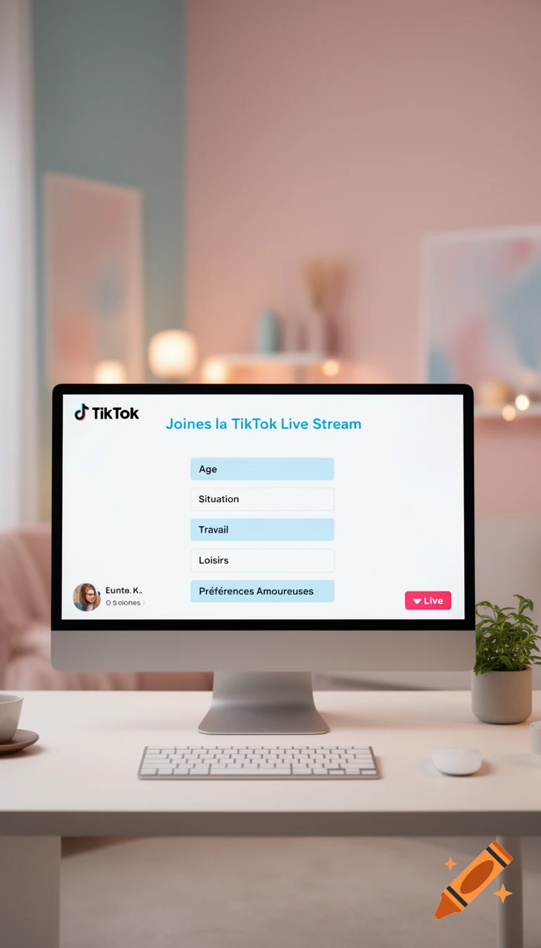 A desktop computer displays a TikTok live stream interface with fields for age, situation, work, hobbies, and love preferences, set on a clean desk with a keyboard, mouse, and plant in a soft-toned room.