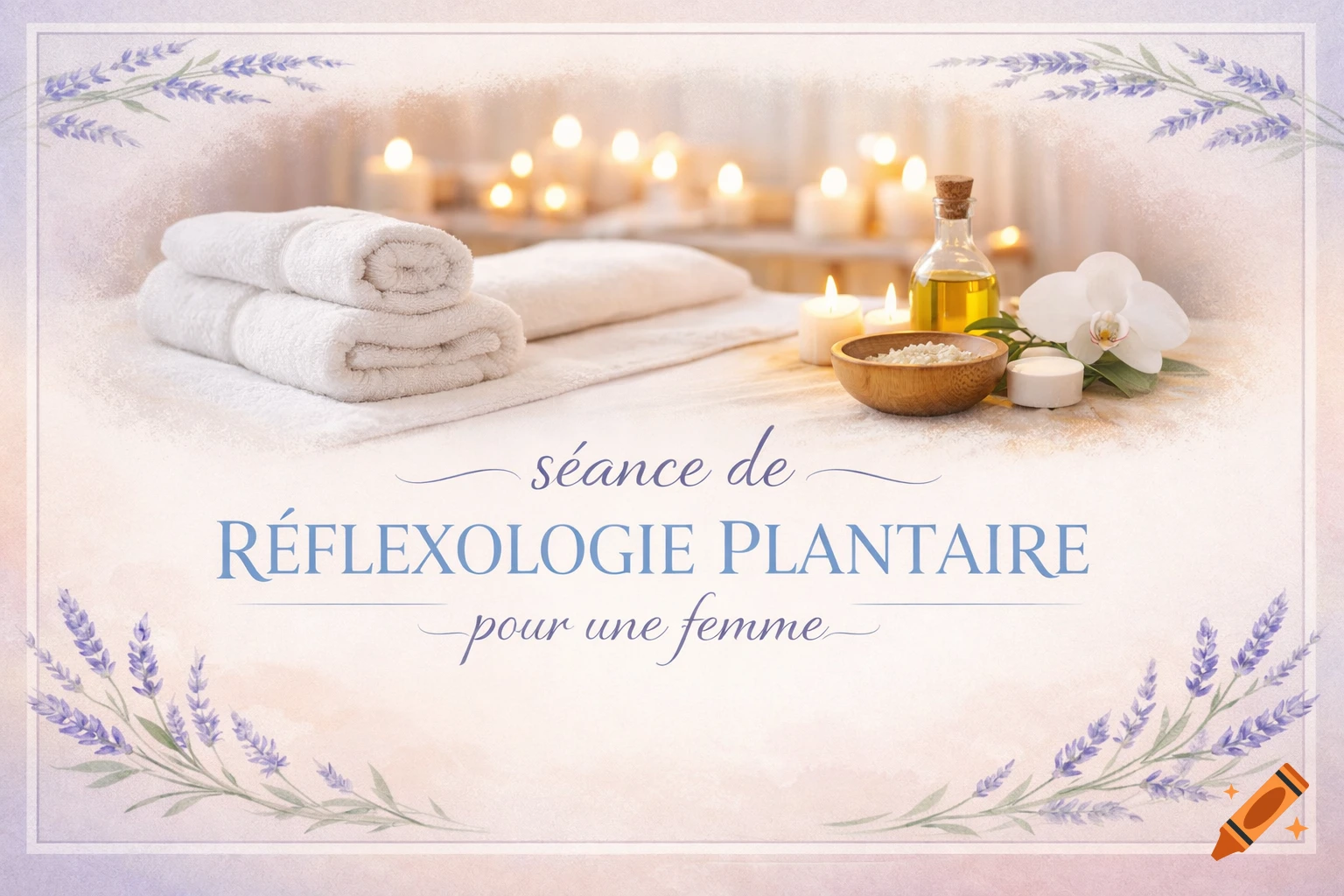 A spa gift card with stacked white towels, lit candles, an oil bottle, an orchid, and bath salts, framed by lavender. Text reads "Plantar Reflexology Session for a Woman".
