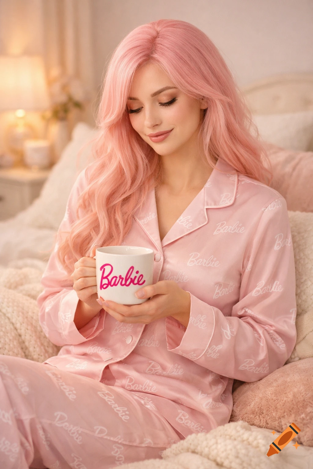 A woman with long pink hair in pink Barbie pajamas holds a Barbie mug while sitting on a bed in a softly lit room.