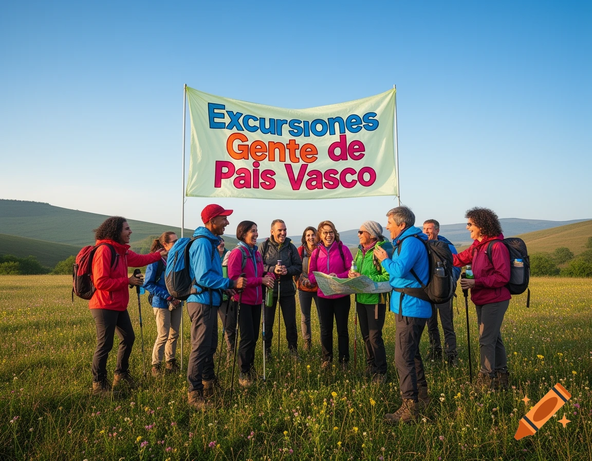 A group of happy hikers with trekking poles and backpacks stands in a sunny wildflower meadow with a banner.