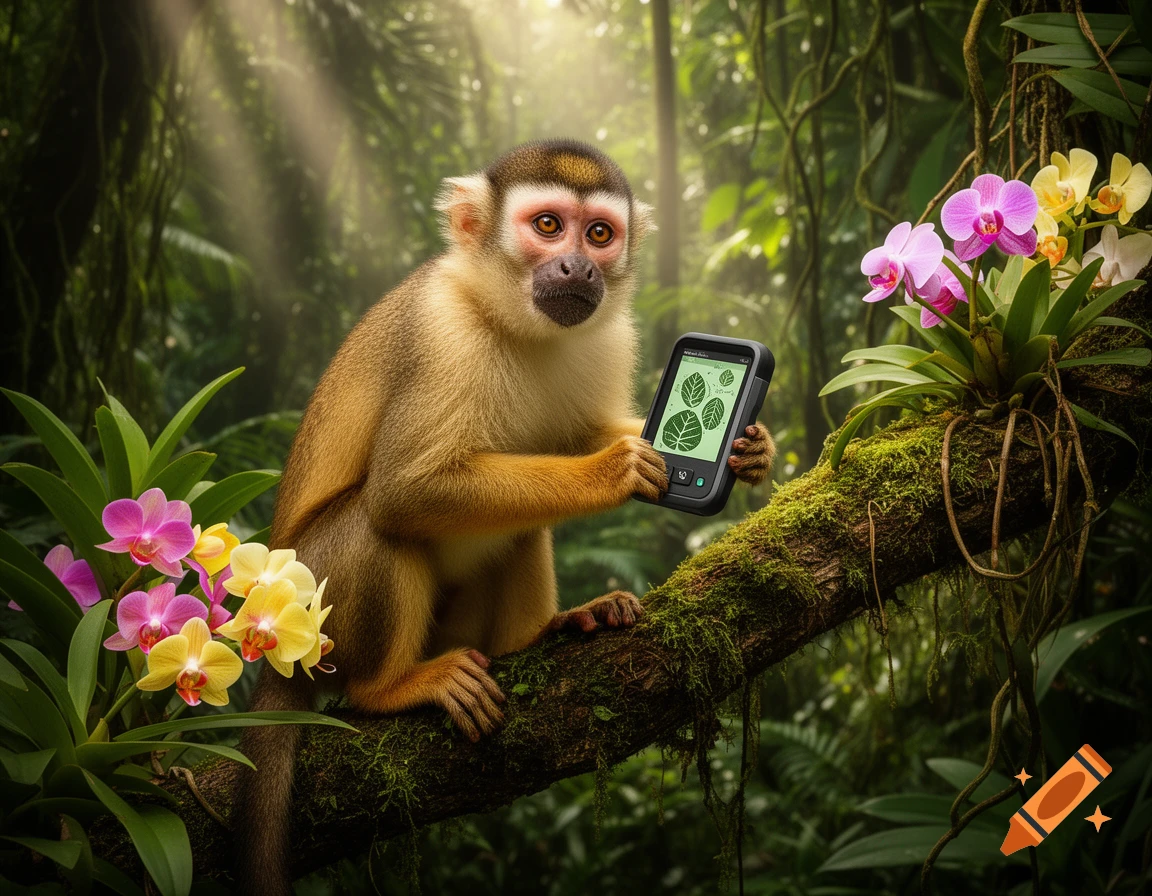 A photorealistic monkey sits on a mossy branch in a lush jungle, holding a small electronic device with leaf icons on its screen, surrounded by pink and yellow orchids.