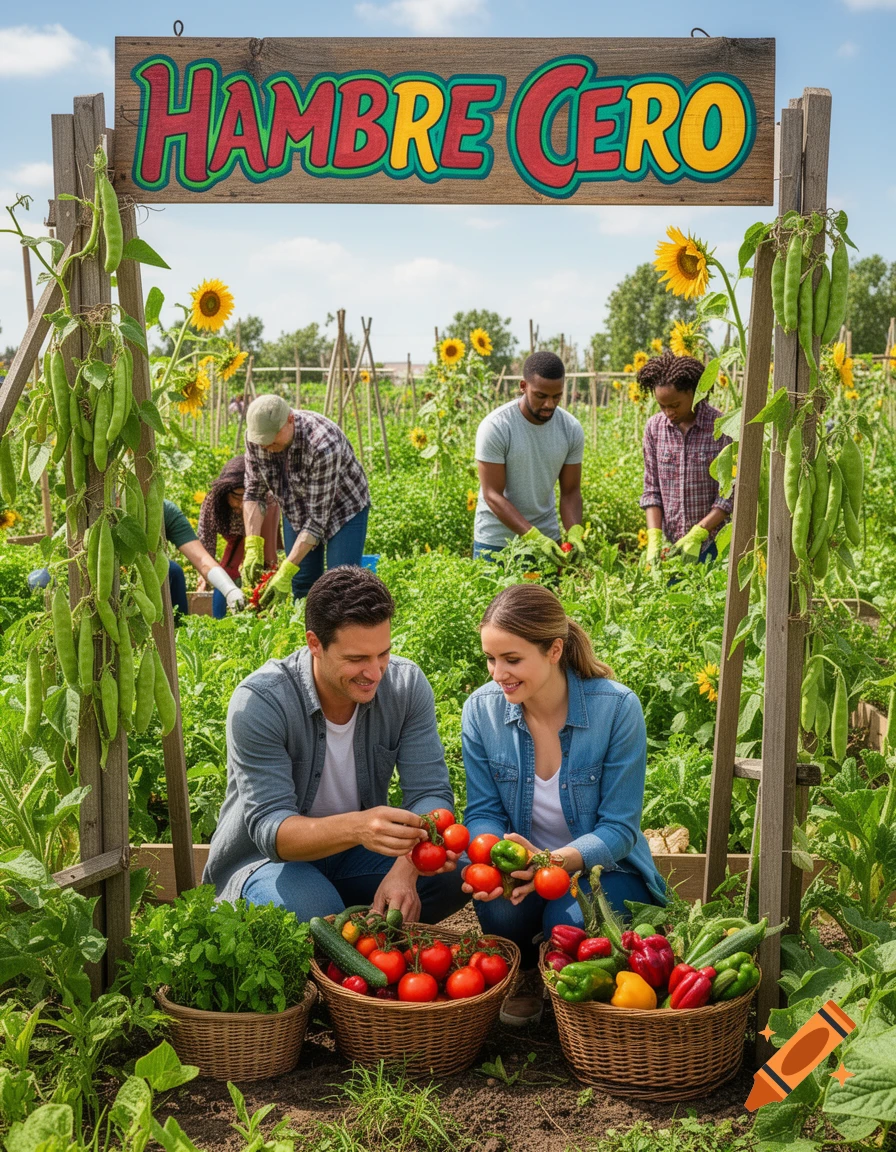 Diverse people harvest vegetables like tomatoes and peppers in a sunny community garden with sunflowers and a 'HAMBRE CERO' sign.