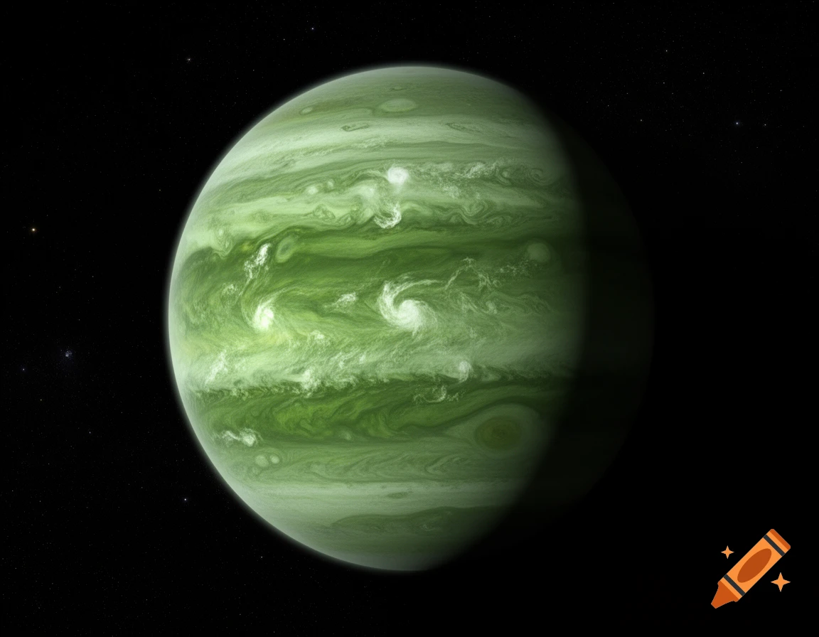 A vibrant green gas giant planet with swirling white clouds against a dark, starry cosmos.
