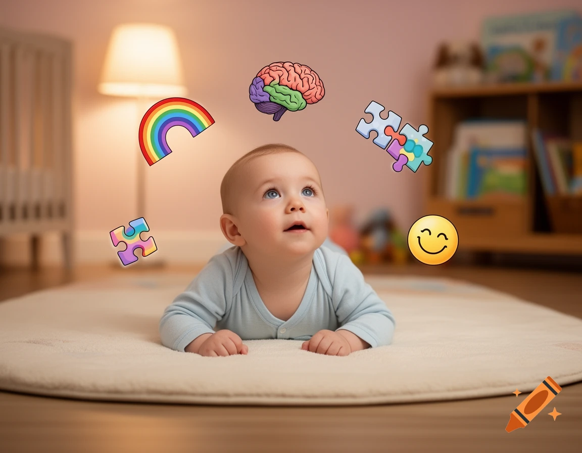 A baby on a rug looks up at floating icons of a brain, rainbow, puzzle, and smiley face in a bedroom.