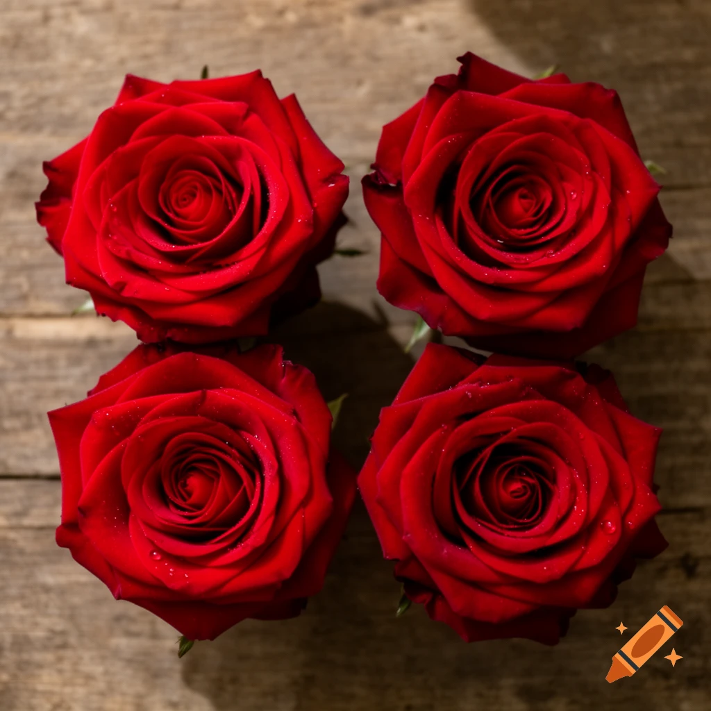 Four vibrant red roses with dewdrops arranged in a square on a rustic wooden background.