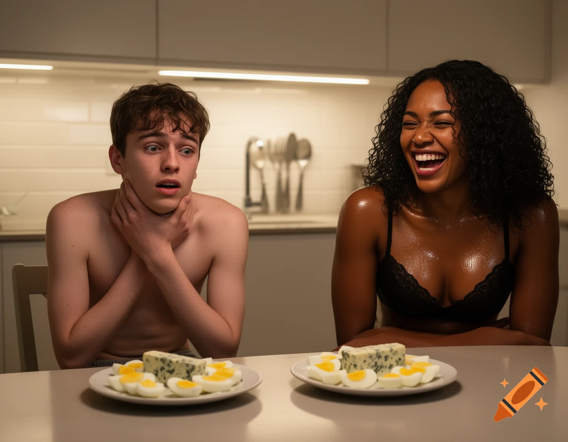 Photorealistic image of a man choking at a kitchen table while a sweaty woman in a bra laughs at him. Plates of eggs and cheese are on the table.