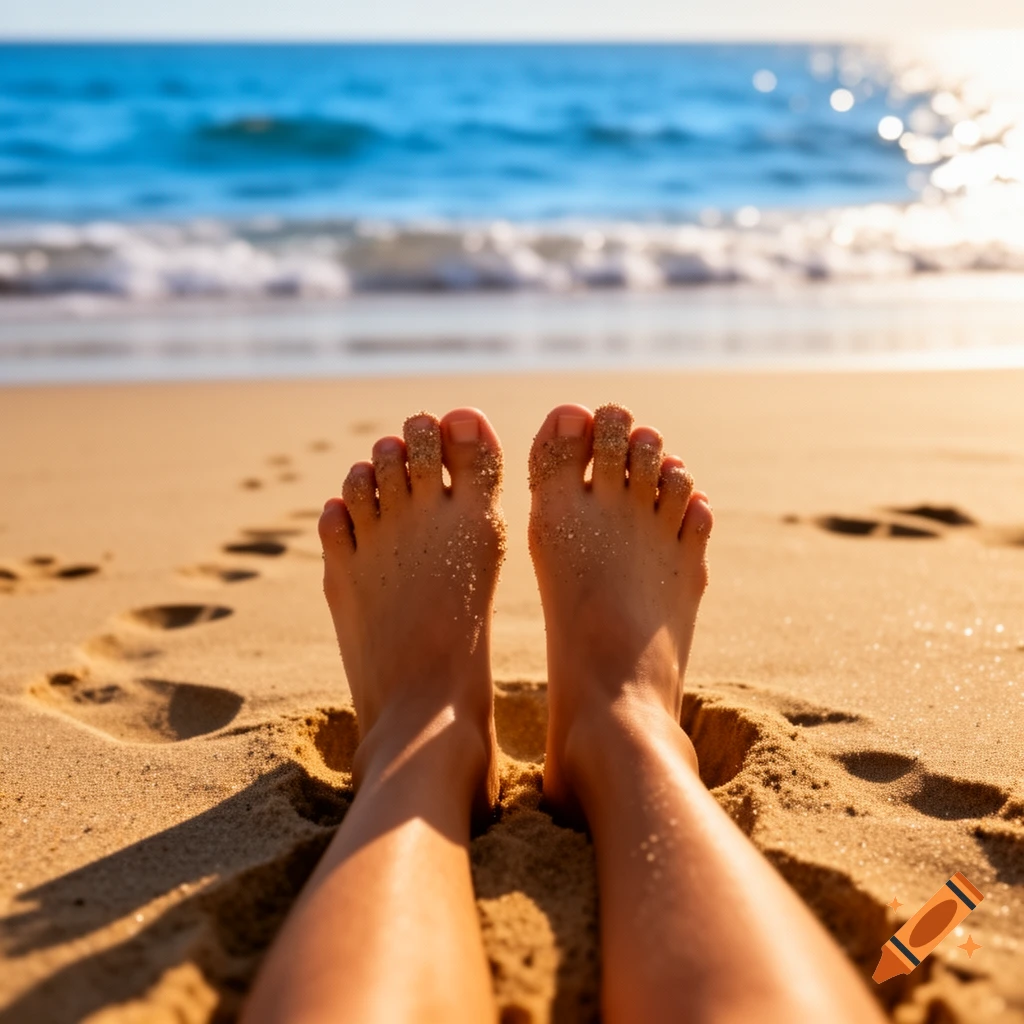 A person's feet partially buried in sand on a beach with the ocean in the background at sunset, photorealistic.