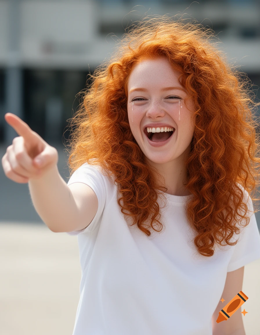 A young, red-haired woman with curly hair laughs hysterically, tears streaming down her face, while pointing to the left.