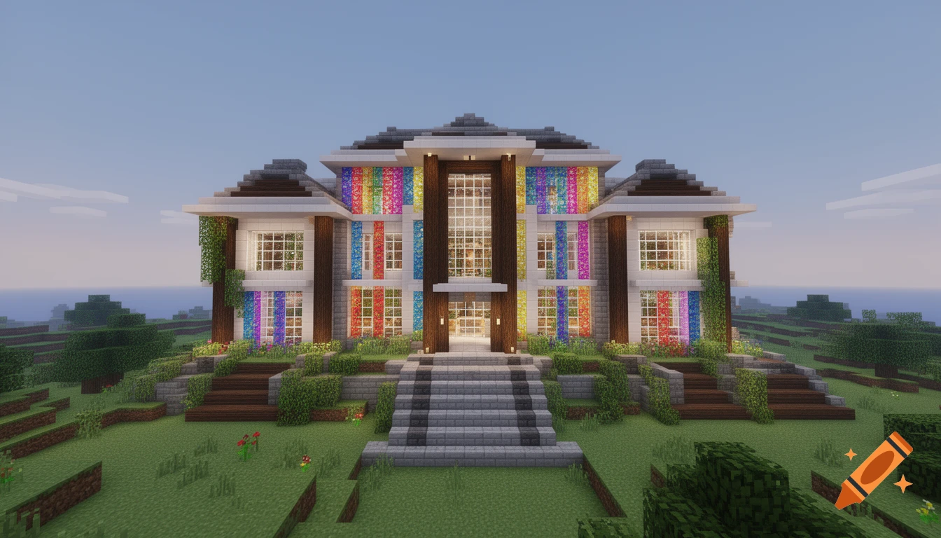A large, colorful Minecraft house with a grand entrance and multiple windows, set in a green landscape.