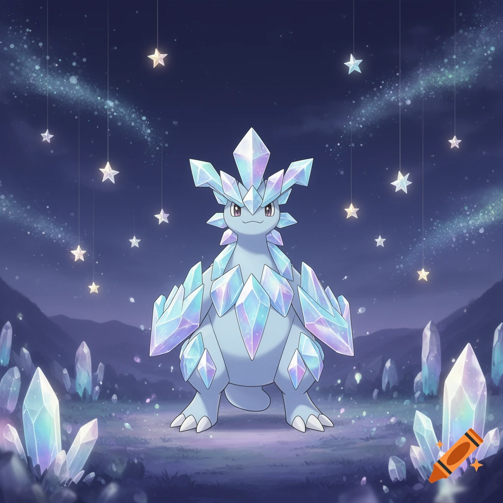 A light blue crystalline Pokemon-like creature covered in iridescent crystals stands in a field of gems under a starry night sky with hanging stars.