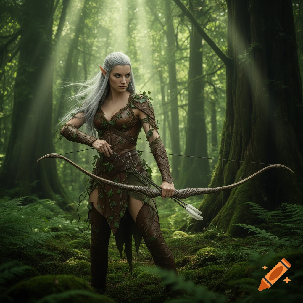 A serious elf warrior with long white hair, wearing leather and ivy, stands in a sunlit, mossy forest, holding a bow and arrows.