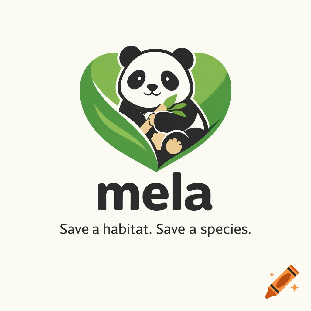 A clean, flat vector logo for "mela" featuring a cute panda holding bamboo inside a heart-shaped green leaf. Slogan: "Save a habitat. Save a species."