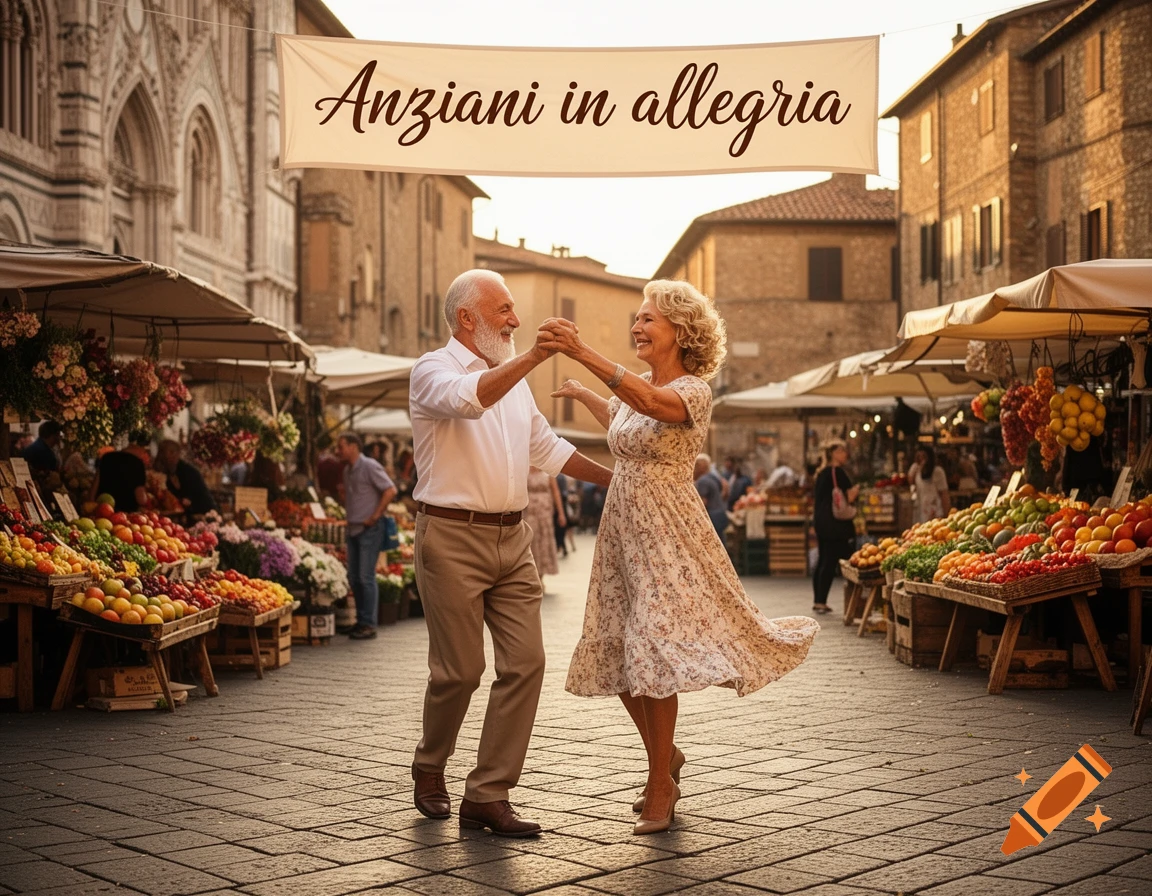 A joyful elderly couple dances in a lively outdoor market street, with a banner overhead reading 'Anziani in allegria'.