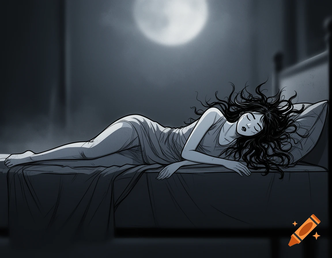 A sleeping woman with long, dark hair in a comic art style, lit by moonlight.