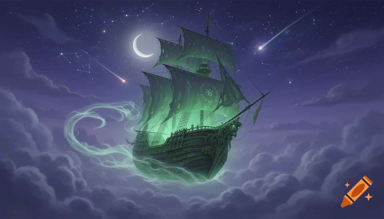 A green glowing ghost ship sails through a starry night sky with a crescent moon and clouds.
