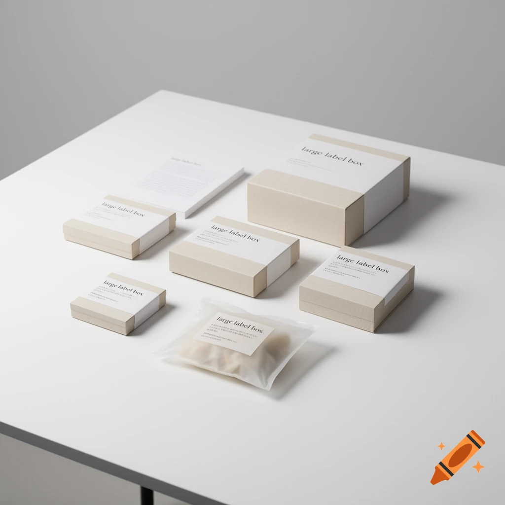Multiple minimalist beige and white packaging boxes and a transparent bag on a white surface.