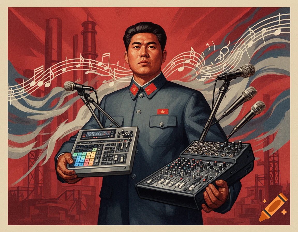 A man in a North Korean-style military uniform holds a music production controller and a sound mixer, with microphones and musical notes floating around him. The background features red industrial buildings and stylized red, white, and blue clouds.