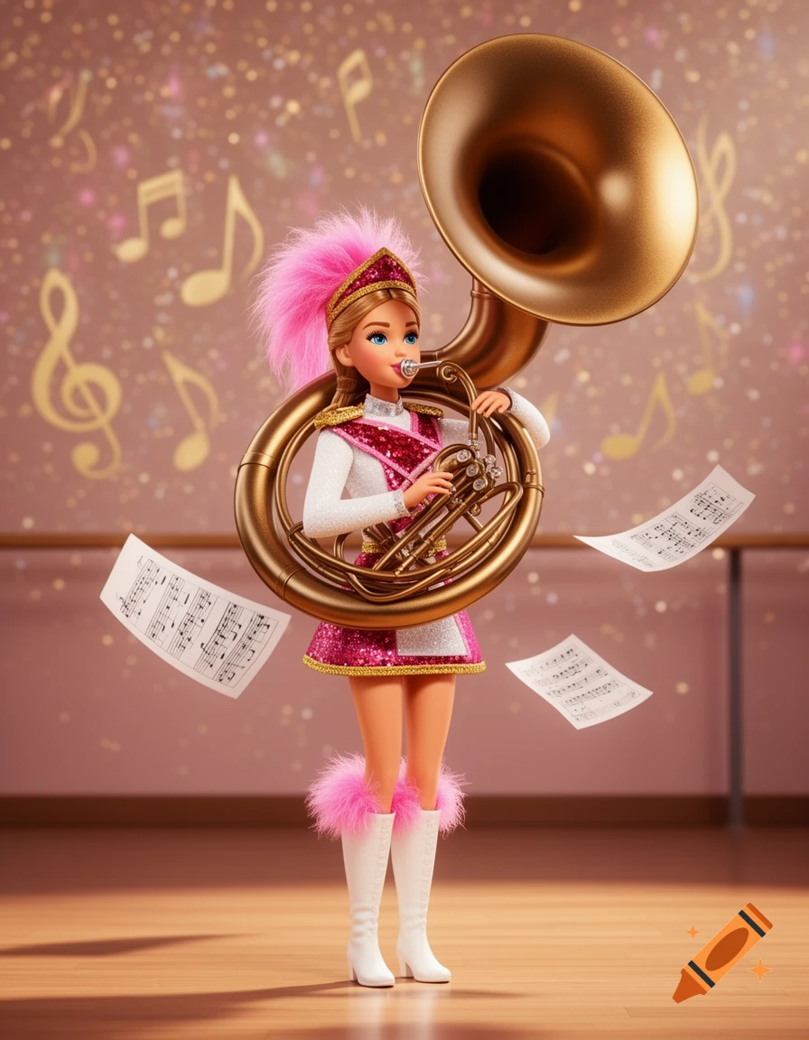 A Barbie-like doll in a sparkly pink and white majorette outfit plays a large bronze sousaphone, with sheet music floating around her.