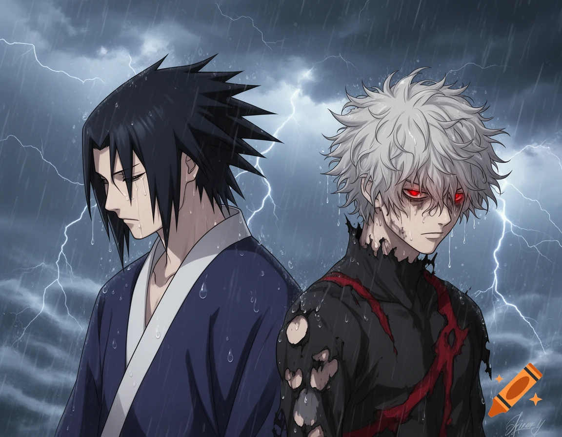 Anime illustration of Sasuke from Naruto and Shigaraki from My Hero Academia standing sadly in a dramatic lightning storm and heavy rain.