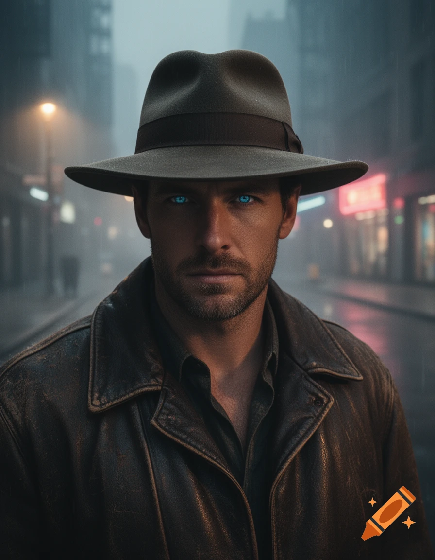A photorealistic portrait of a man with glowing blue eyes, wearing a fedora and leather jacket, in a rainy, dark city street.