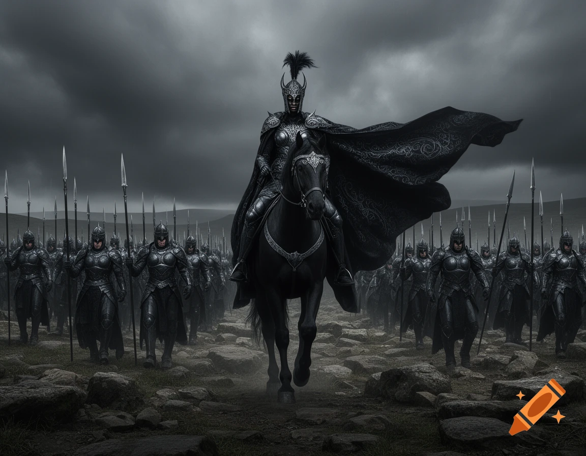 A dark queen on a black horse leads an army of armored warriors across a rocky, bleak landscape under a stormy sky.
