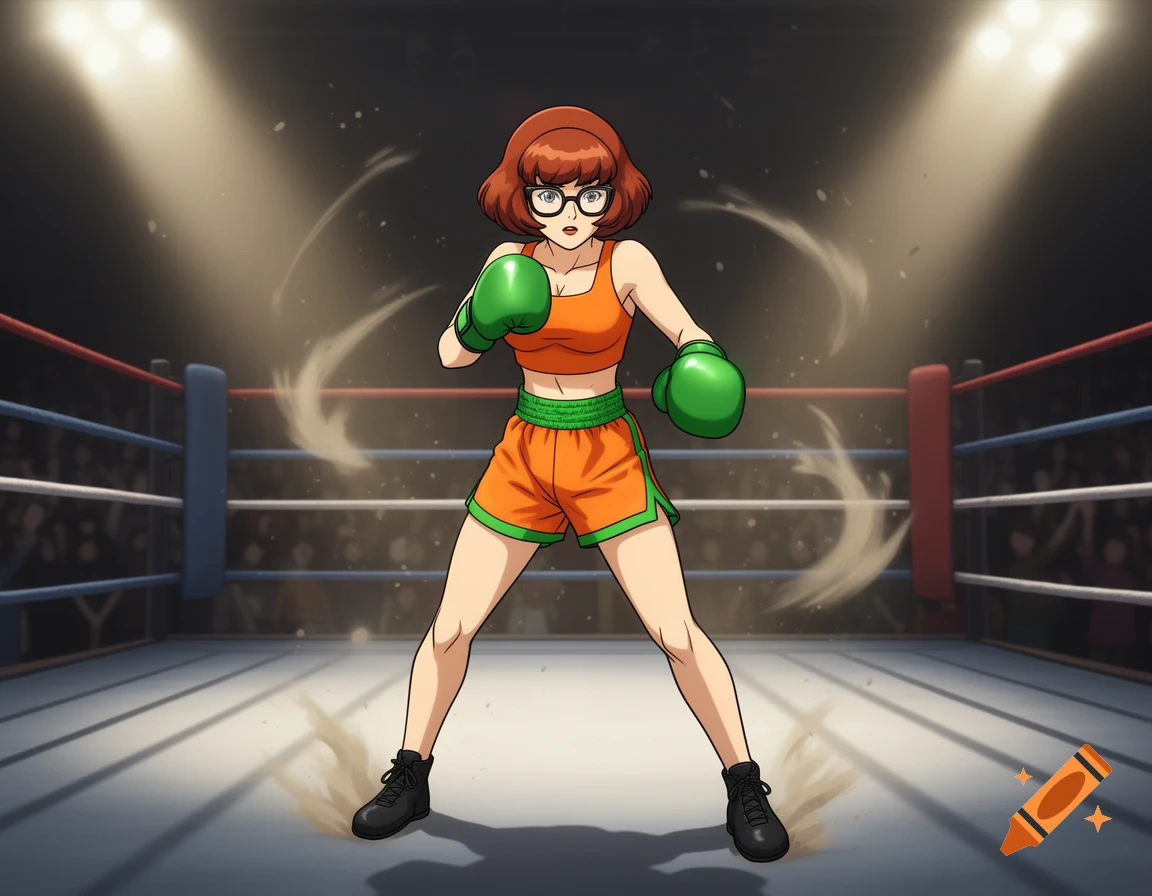Velma, from Scooby-Doo, stands in a boxing ring, wearing an orange bra and shorts, green gloves, in anime style.