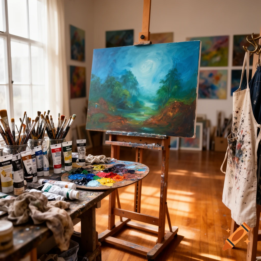 An art studio with a landscape painting on an easel, a paint palette, and brushes on a table next to a window.