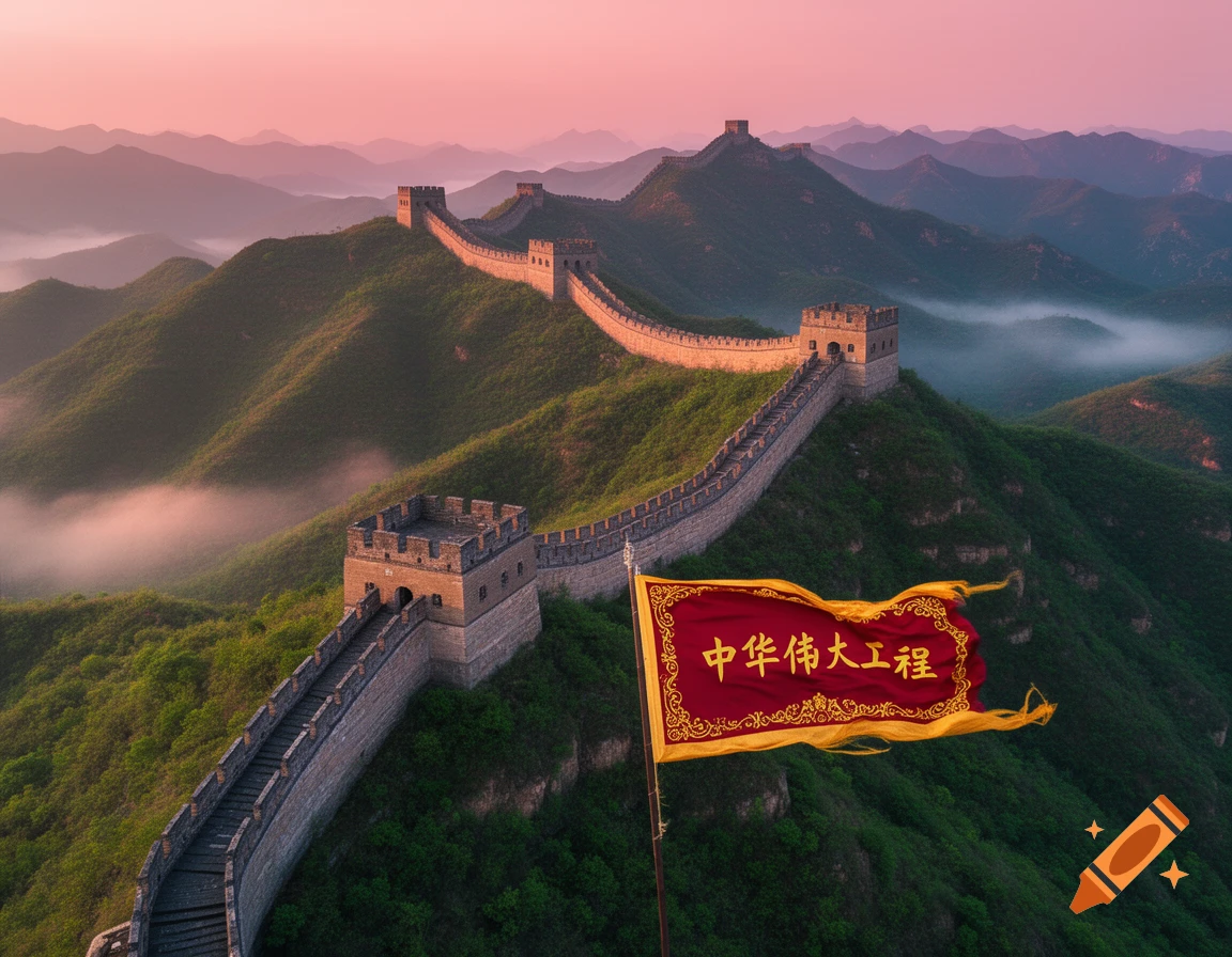 The Great Wall of China winding through lush green mountains under a dramatic pink and orange sunset sky. A red flag with Chinese characters flies in the foreground.