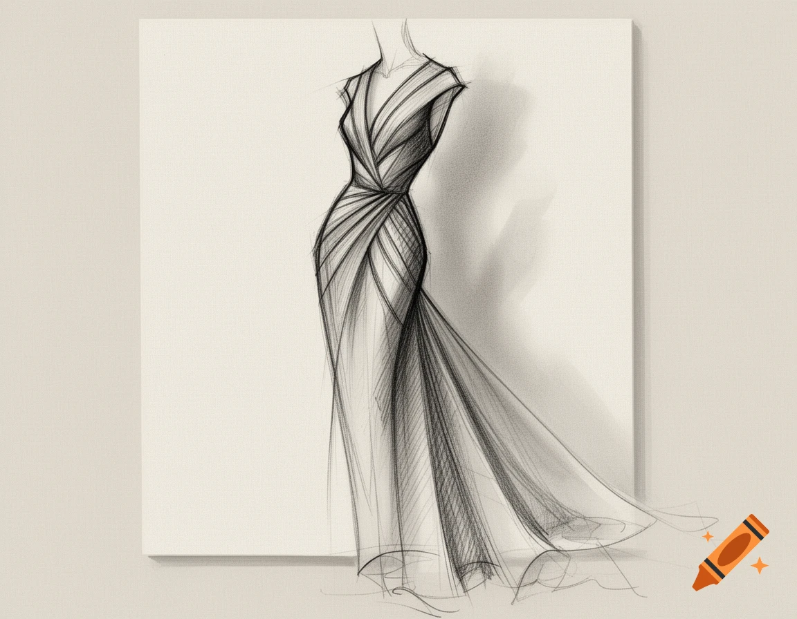 Pencil sketch of an elegant, long dress with a draped bodice and flowing skirt on a light background.