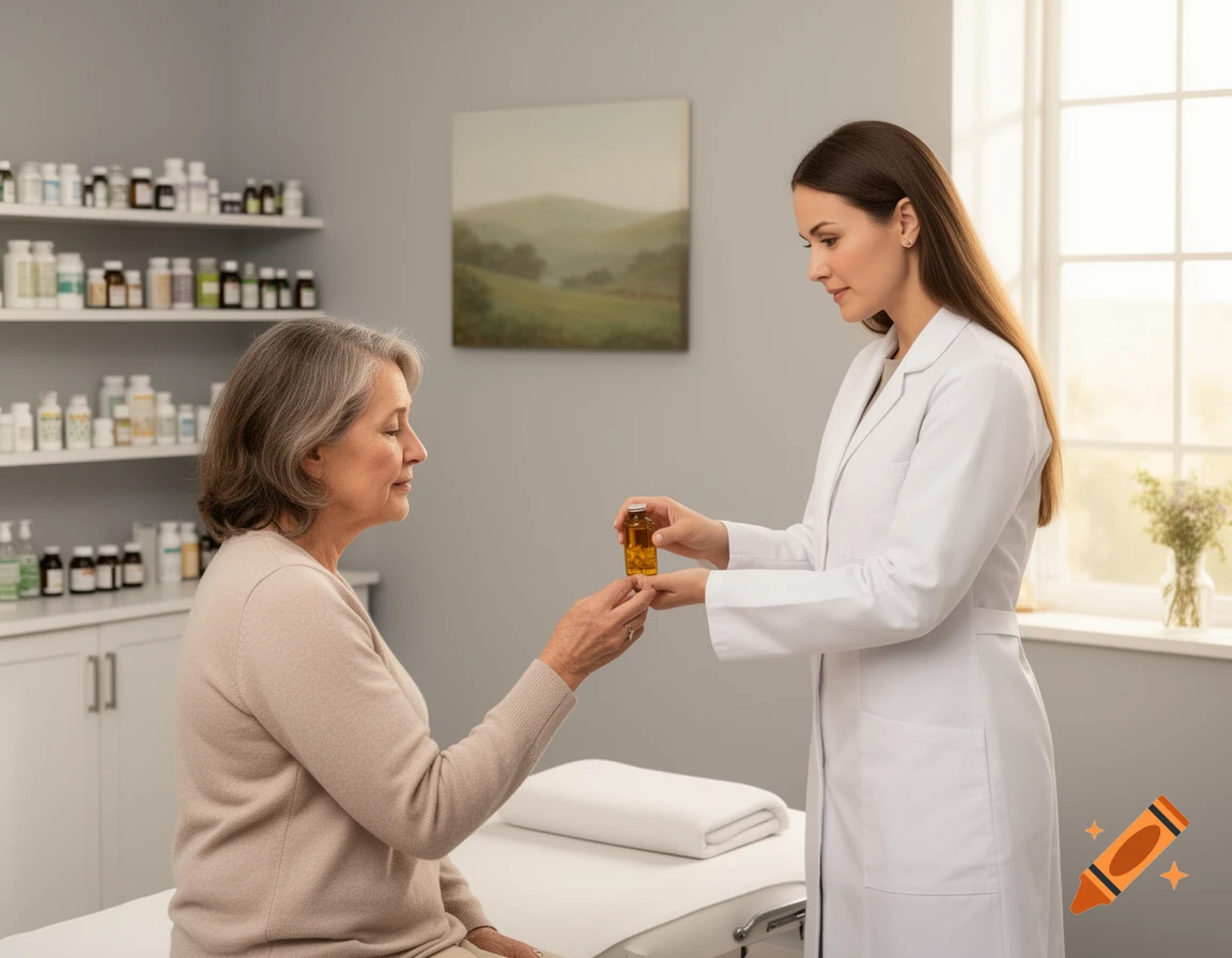 A female doctor in a white lab coat hands a bottle of homeopathic remedy to an older female patient in a medical office.