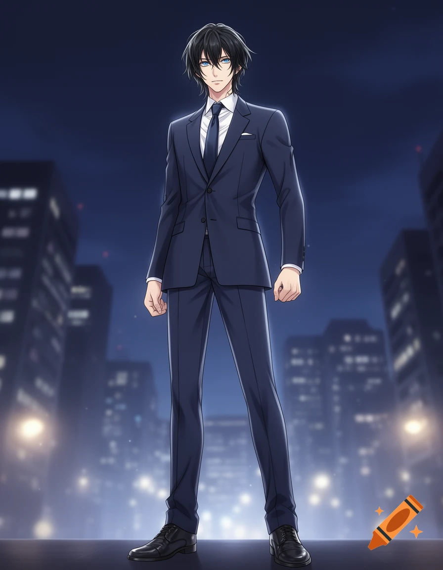 An anime-style young man with black hair and blue eyes, dressed in a dark blue suit, standing confidently against a blurred city nightscape.