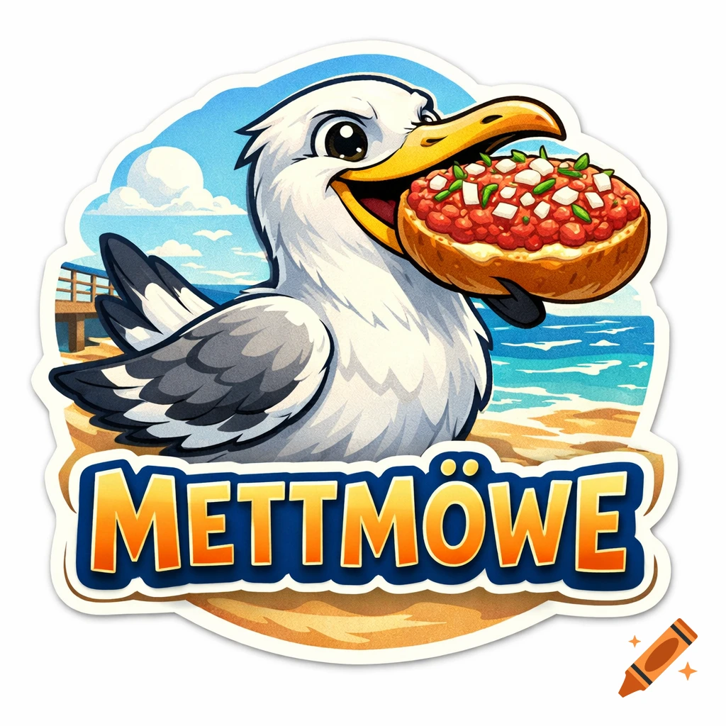 Cartoon sticker of a happy seagull on a beach, holding a Mettbrötchen in its beak, with 'METTMÖWE' written below.