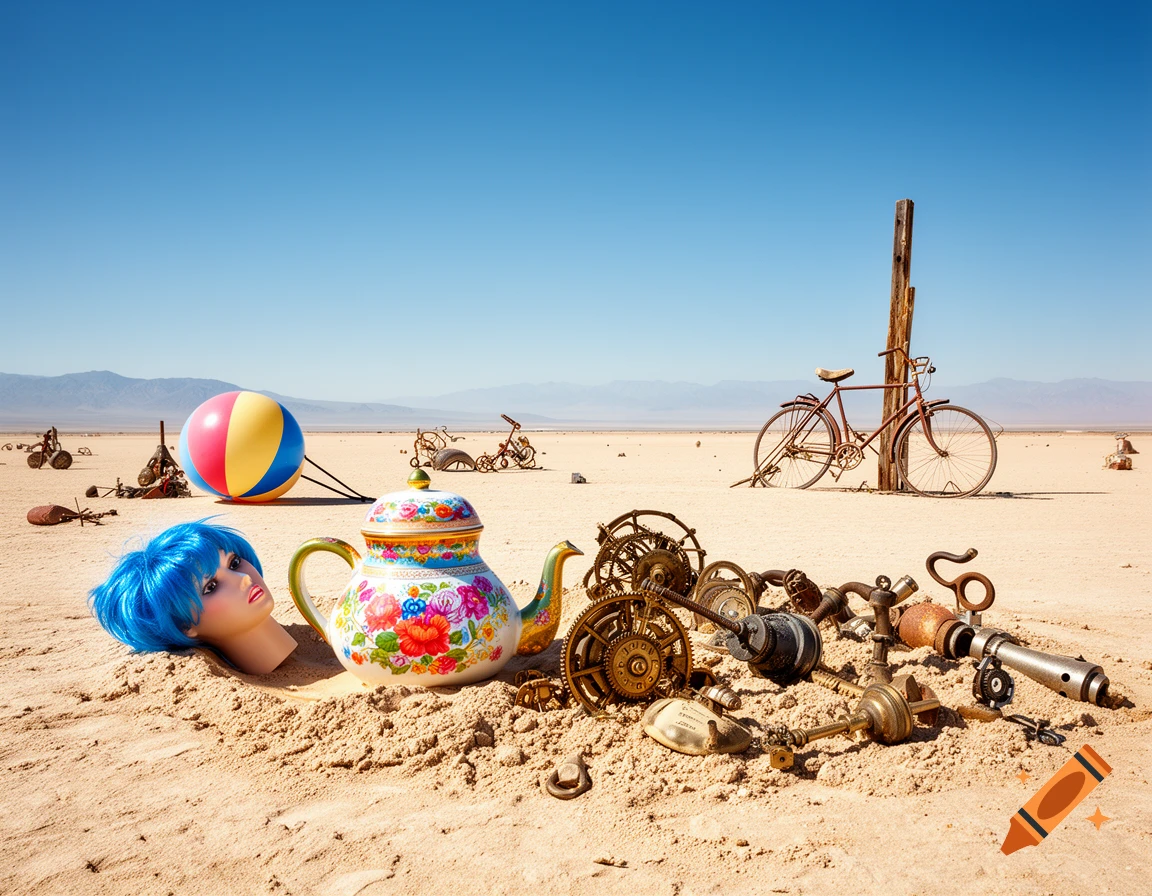 A photorealistic image of a mannequin head, floral teapot, beach ball, metal gears, and a bicycle in a vast sandy desert.