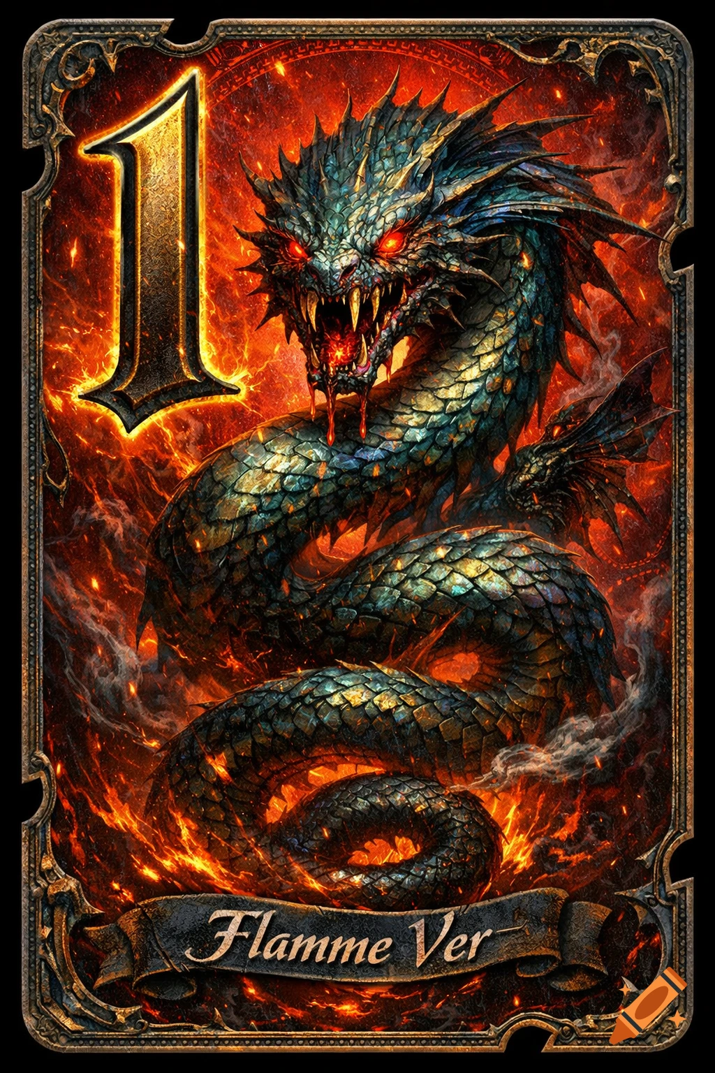 A dark fantasy playing card featuring a fierce, scaly dragon with red eyes, dripping fangs, against a fiery background, with the number '1' and 'Flamme Ver' text.