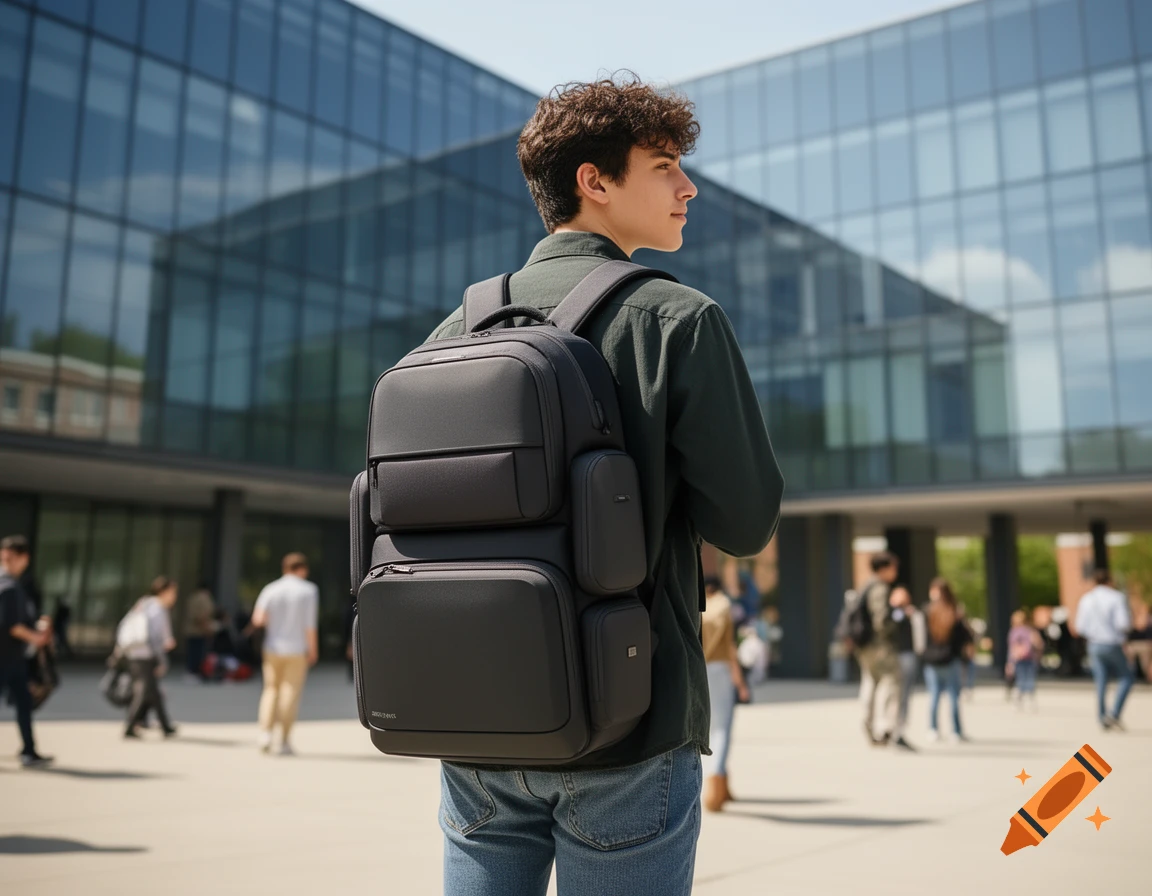 A young man with a black modular backpack on a university campus, looking at modern glass buildings.