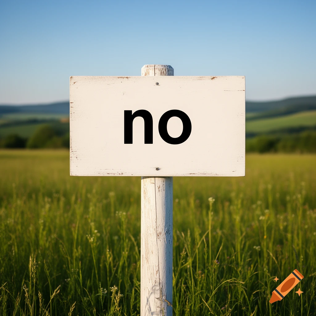 A white sign with the word 'no' in black letters stands in a green field under a clear blue sky.