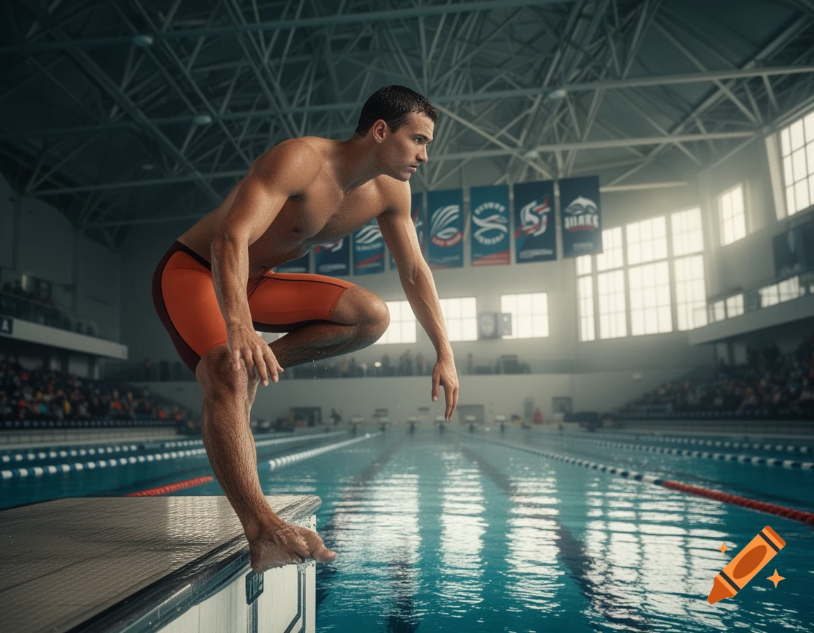 A muscular male swimmer in orange jammers crouches on a starting block at an indoor pool, preparing to dive. Photorealistic.