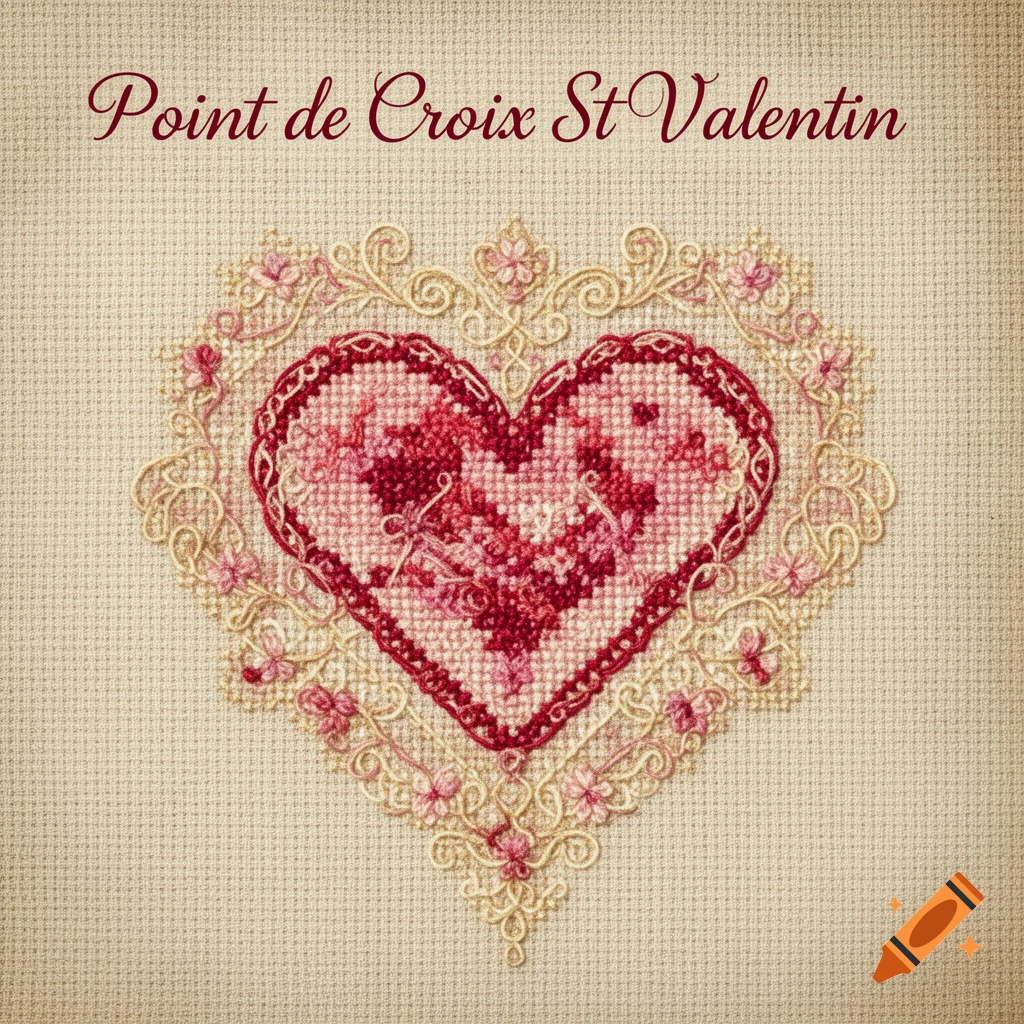 Cross-stitch of a red and pink heart with ornate lace patterns and the text 'Point de Croix St Valentin'.
