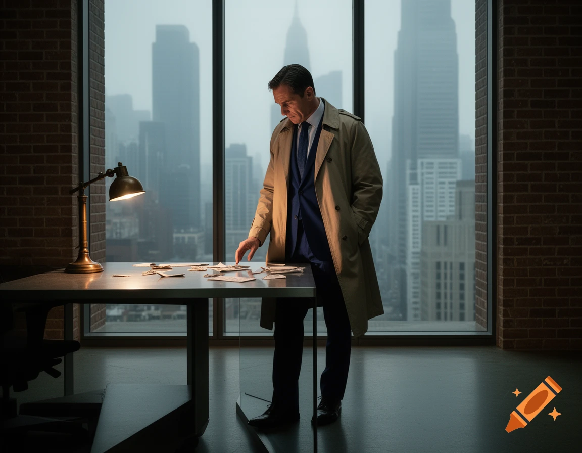 Photorealistic image of a man in a trench coat examining papers on a desk, backlit by a large window with a foggy city skyline.