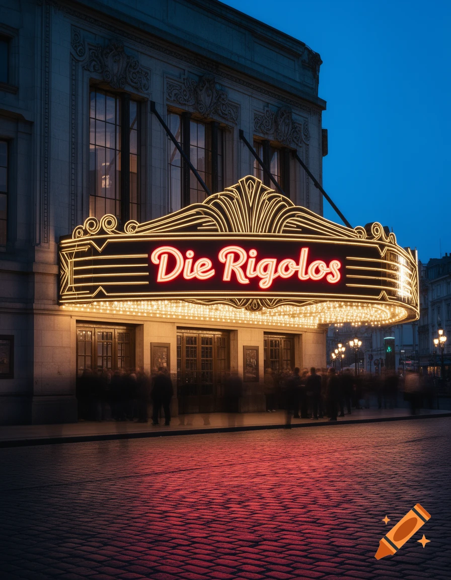 A vintage theater with a brightly lit neon marquee reading 'Die Rigolos' at dusk, with blurred figures on a cobblestone street reflecting red light.