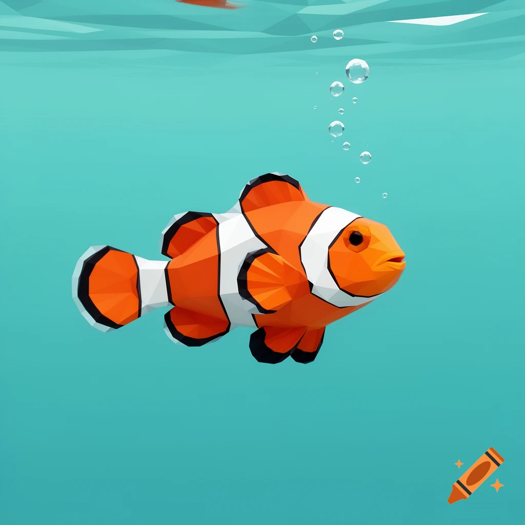 Polygonal clownfish swims in turquoise water with bubbles.