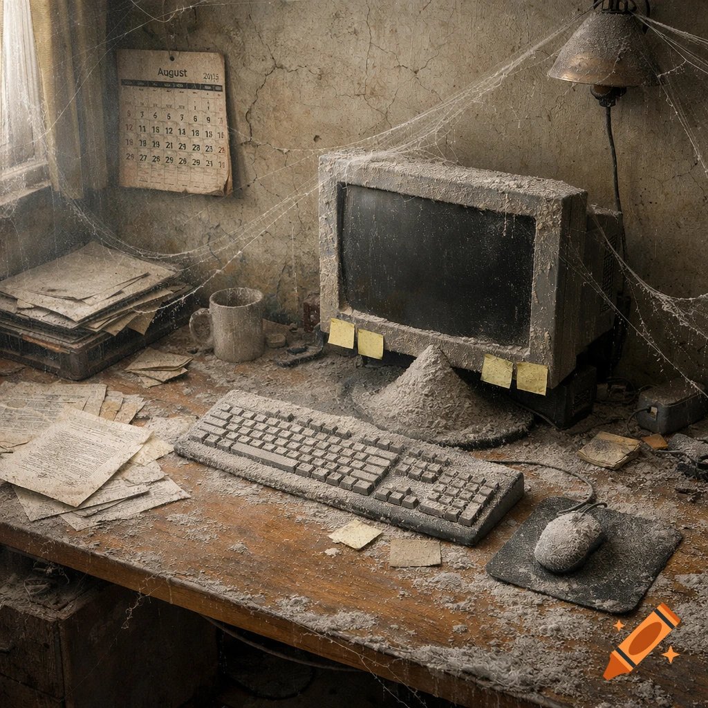 A photorealistic image of a very dusty, abandoned computer desk with an old CRT monitor, keyboard, mouse, papers, and a calendar covered in spiderwebs.