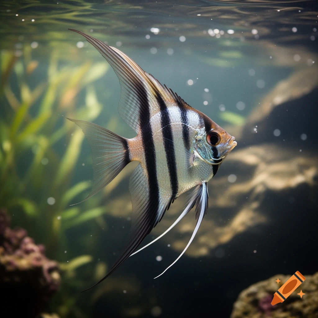A black and white striped angelfish swims in a clear aquarium with green plants, captured in a photorealistic style.