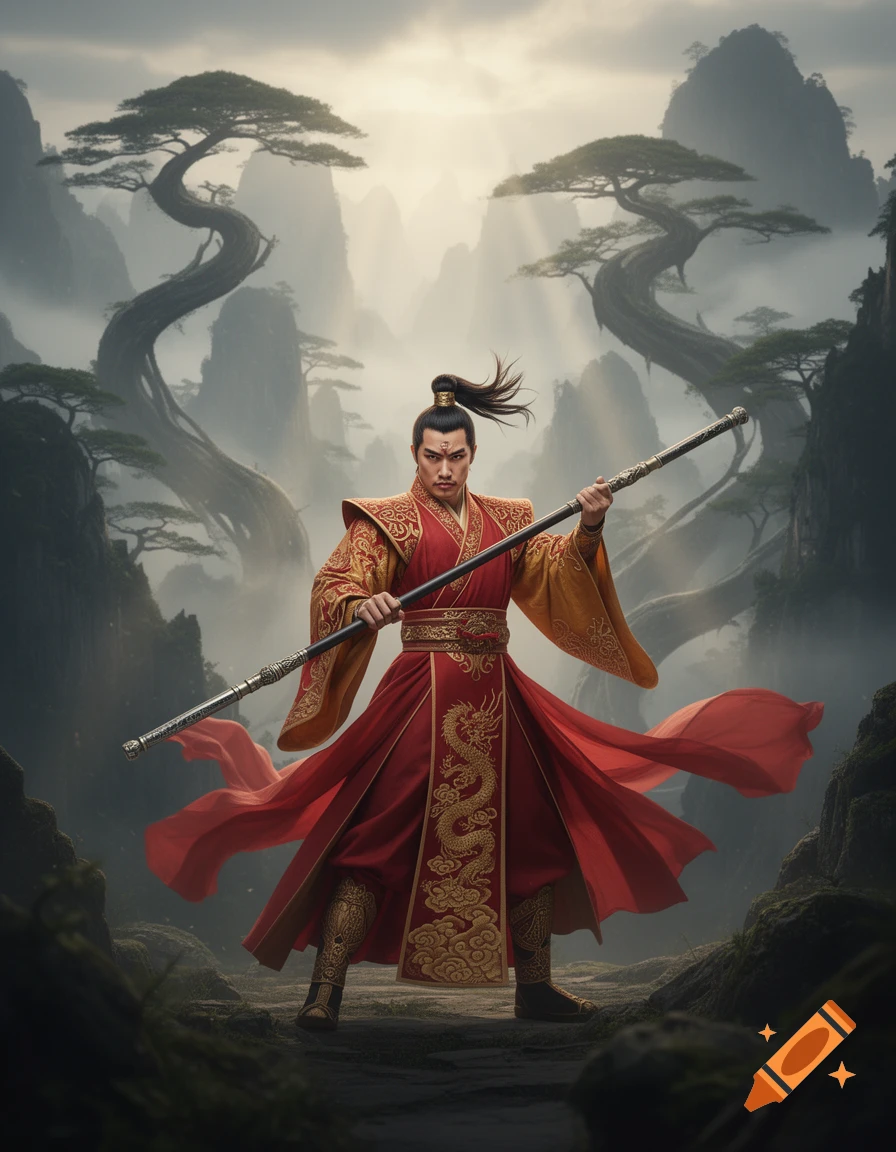 A powerful man in a red and gold traditional Chinese robe, embroidered with dragons, holds a staff in a misty mountain landscape.